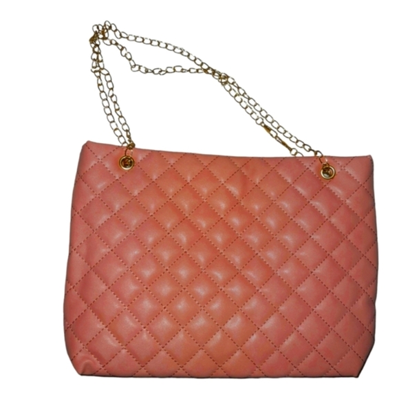 Pink Quilted Puffy Tote Handbag with Gold Chain - Picture 2 of 8